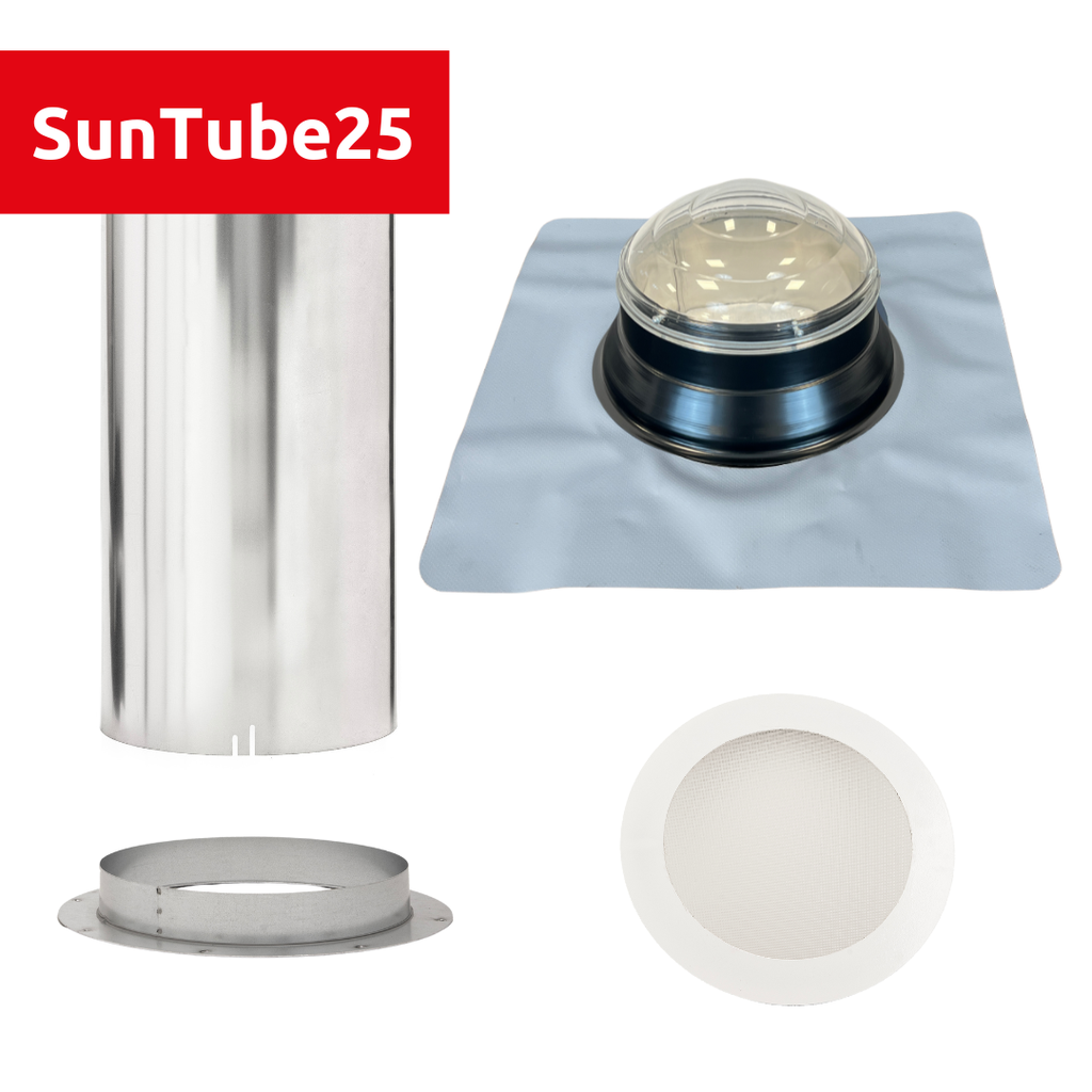 SunTube25 - Flat roof light tunnel set with crystal glass dome PVC